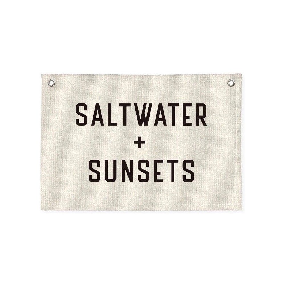 Saltwater + Sunsets Banner Flag Wall Hanging Beach Coastal Decor Canvas New
